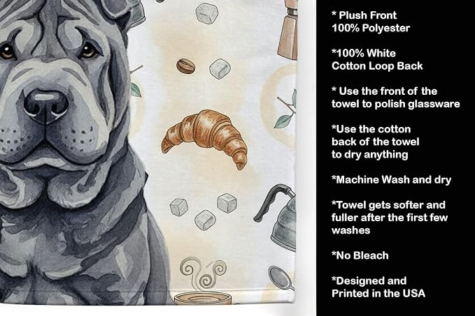Caroline's Treasures Black Shar Pei Coffee Bar Kitchen Towel Velour Plush Front and Cotton Loop Back Machine Washable