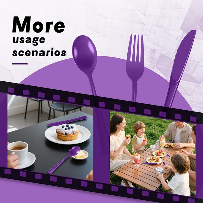 Plastic Silverware 150 PCS Disposable Silverware Heavy Duty Utensil Sets 50 Of Each Forks Knives & Spoons Disposable Cutlery Set For Easter,Birthday,Baby Shower,Garden Party,Wedding(150,Purple)