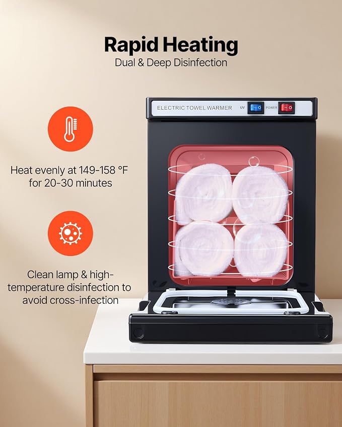 VEVOR Hot Towel Warmer, 5L Small Towel Warmer Cabinet with Clip & Stainless Steel Rack, Holds up 8-12 Towels, Portable All-Round Heating Cabinet for Spa, Barber, Manicures, Massage, Salon, Black
