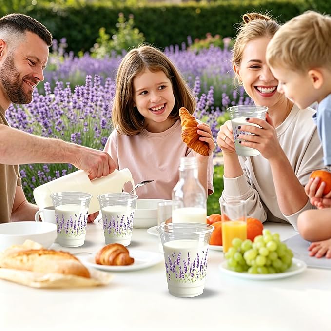 100 Pack Lavender Plastic Cups 12 oz Purple Floral Spring Summer Flower Disposable Cup Wildflowers Drinking Cold Beverage Cup for Summer Party Supplies