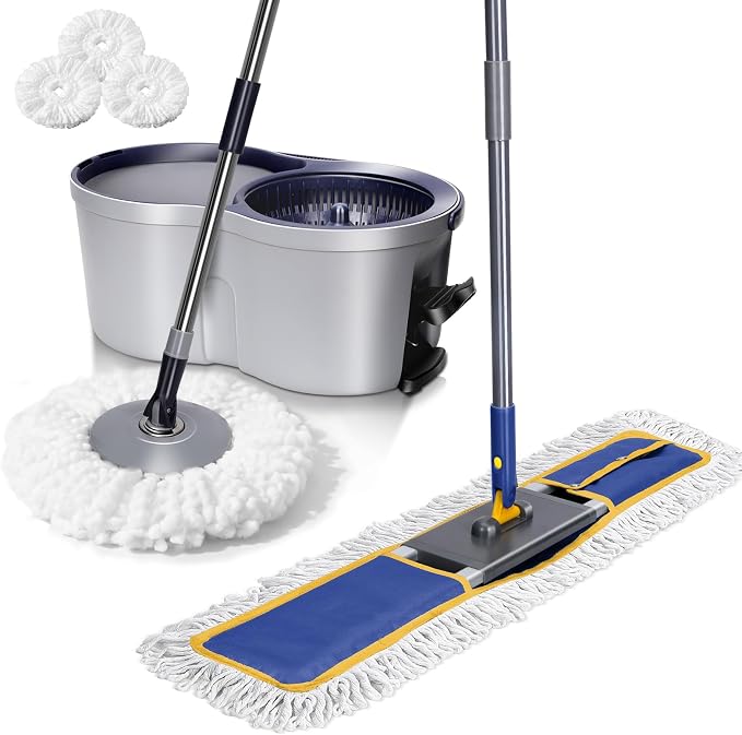 Masthome EasyWring Microfiber Spin Mop with 3 Mop Pads & 36" Heavy Duty Industrial Mop with 3 Pads Home & Office Suitable