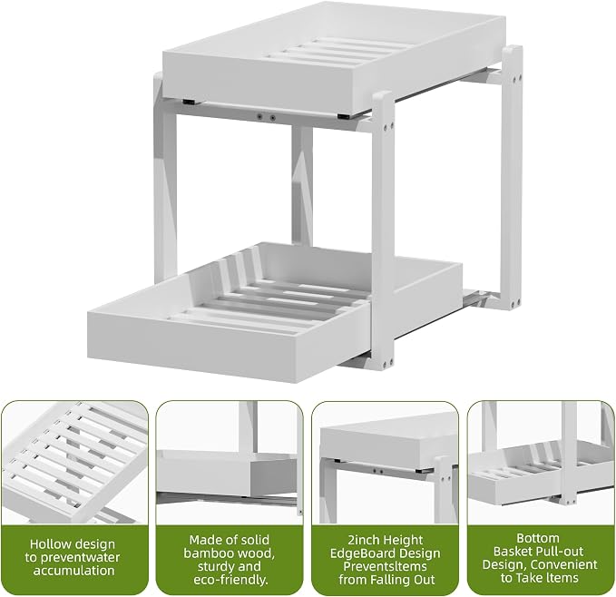 APRTAT 2 Pack Under Sink Organizer, Bamboo Wooden 2-Tier Pull-Out Storage with Sliding Drawers for Kitchen and Bathroom Cabinets, Easy Installation (White, 1 pack)