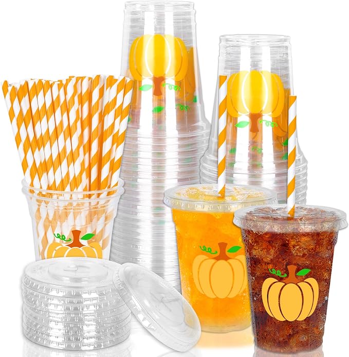 Whaline 50 Pcs Fall Disposable Plastic Cups with Lids and Straws Thanksgiving Party Cups 12oz Orange Pumpkin Cold Beverage Drinking Cup for Harvest Party Autumn Supplies