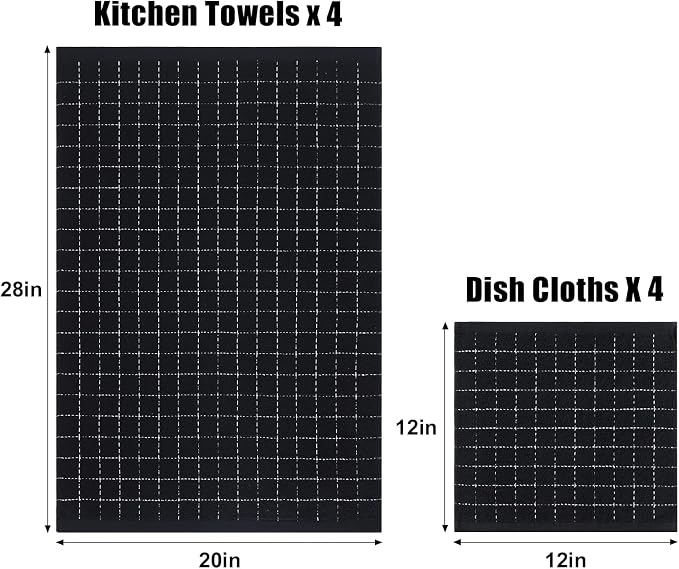 Homaxy Kitchen Towels and Dishcloths Set, 12 x 12 and 20 x 28 Inches, Set of 8 Bulk Cotton Terry Kitchen Towels Set, Checkered Designed, Soft and Super Absorbent Dish Towels, Black