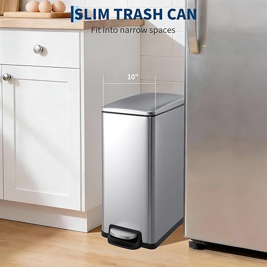 Garvee Slim Trash Can with Lid, 12 Gal (45 L) Stainless Steel Kitchen Garbage Can with Inner Bucket and Step On Foot Pedal, Narrow Metal Trash Bin, Silver