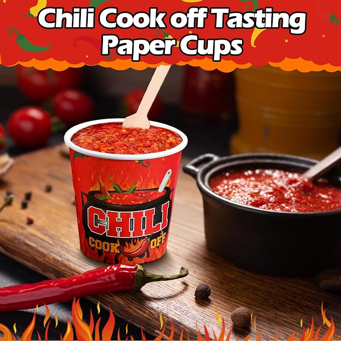 Teenyyou 400 Pcs 5 oz Chili Cook off Party Decorations Mini Chili Cook off Tasting Cups Disposable Sample Paper Cup Bowls and Wooden Spoons for Pepper Competition Prizes Party Cooking Supplies, Red