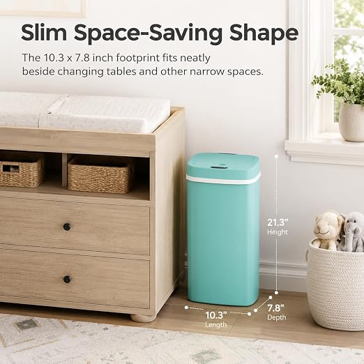 15L Smart Diaper Pail with Motion Sensor Lid | Touchless Hands-Free Baby Diaper Trash Can | Double Locking Seal | Slim Space-Saving Design | Quiet & Durable (Turquoise)