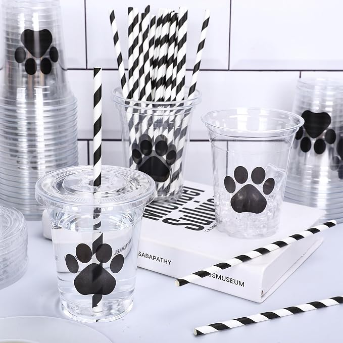 Whaline 50Pcs Paw Print Disposable Plastic Cups with Lids and Straws 12oz Dog Party Cups Black Cold Beverage Drinking Cups for Puppy Birthday Baby Shower Party Supplies