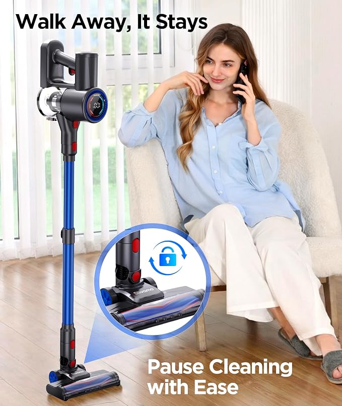 S10 Cordless Vacuum Cleaner, 40KPA/500W/45Mins, LED Display, 8-in-1 Lightweight Stick Vacuum Cleaners for Home with Green LED Light, 6-Stages Filtration, Self-Standing Design, Blue