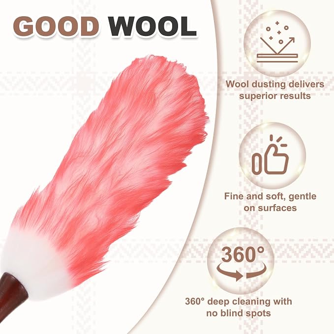 uxcell Wool Duster, 20.5" Natural Feather Cleaner Household Cleaning Duster with Solid Wooden Handle for Cleaning Fans Window Blinds Shelves Furniture, White Pink