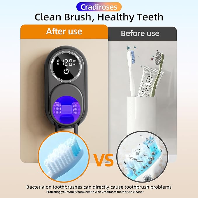 UV Toothbrush Sanitizer Holder, Auto-Sensor Wall-Mount Tooth Brush Cleaner with Heated Drying, 2 Slots LED Smart Screen for Bathroom (Black