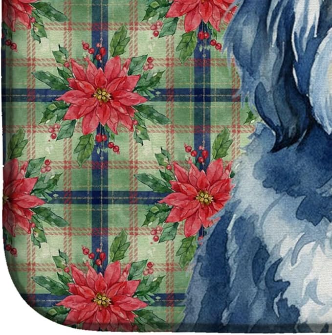 Caroline's Treasures Blue and White Old English Sheepdog Christmas PoinsettIas Dish Drying Mat Absorbent Dish Drying Mat Pad for Kitchen Counter Dish Drainer Mat for Countertop, 14 x 21", Multicolor