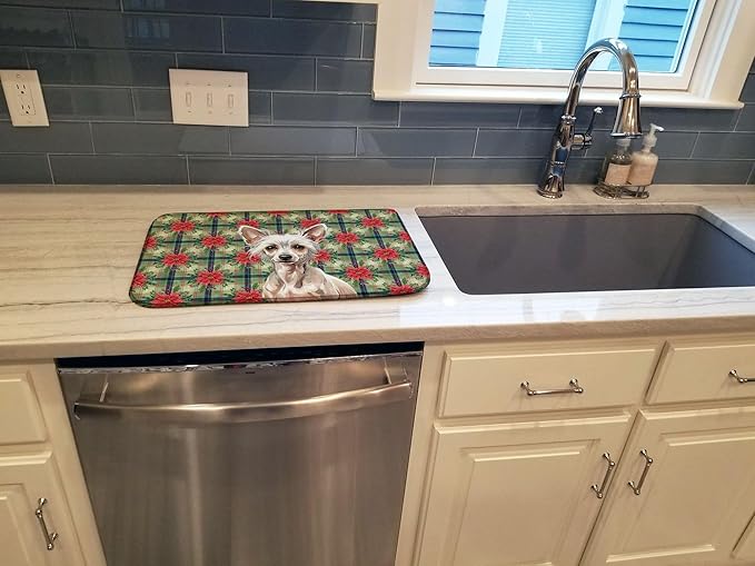 Caroline's Treasures Hairless Chinese Crested Christmas PoinsettIas Dish Drying Mat Absorbent Dish Drying Mat Pad for Kitchen Counter Dish Drainer Mat for Countertop, 14 x 21", Multicolor