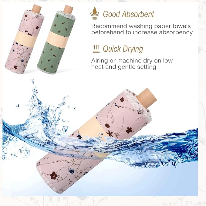 Redbaker 50 Pcs Reusable Paper Towels Paperless Reusable Cotton Cloths Toilet Absorbent Washable Paper Towels with Roll Kitchen Dishcloth for Kitchen Paperless Dishcloths(Little Flower)