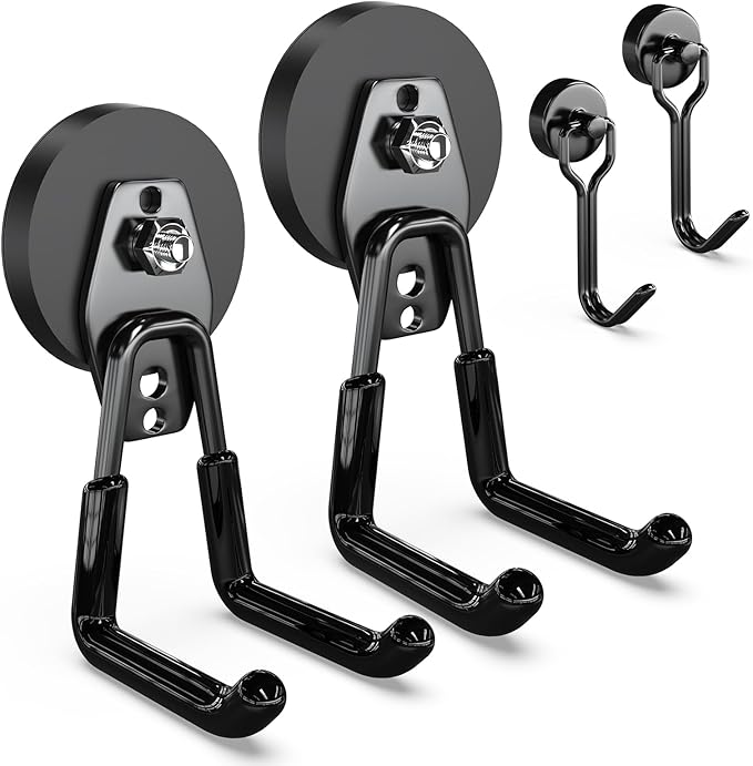 3-H Extra Strong Magnetic Hooks,Heavy Duty Large Anti-Slip Magnet Hooks,No-Drill Tool Holder for Garage,Power Drill,Garden Tools,Hose Storage,2 Pack Black