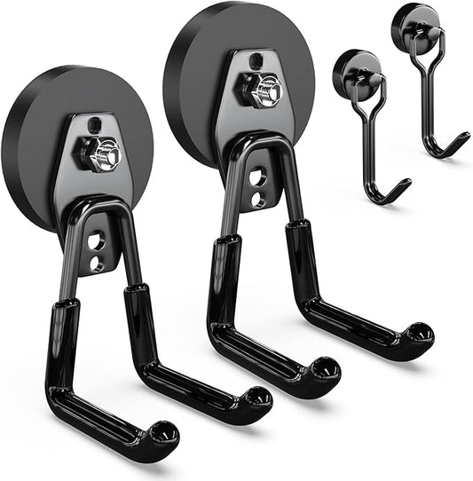 3-H Extra Strong Magnetic Hooks,Heavy Duty Large Anti-Slip Magnet Hooks,No-Drill Tool Holder for Garage,Power Drill,Garden Tools,Hose Storage,2 Pack Black