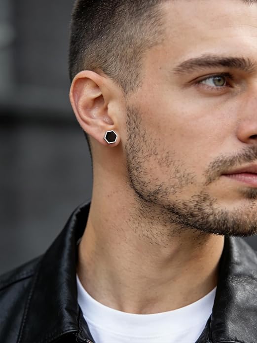 ChicSilver 925 Sterling Silver Viking Rune Natural Black Onyx Stud Earrings For Women Men