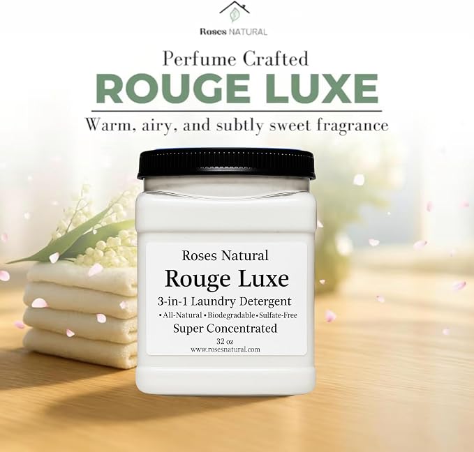 Rouge Luxe 3-in-1 Laundry Detergent Powder, HE Compatible, All-Natural, Sulfate-Free, Super Concentrated, 32 oz, Natural Detergent, Fabric Softener & Stain Remover, Plant-Based, Made in the USA