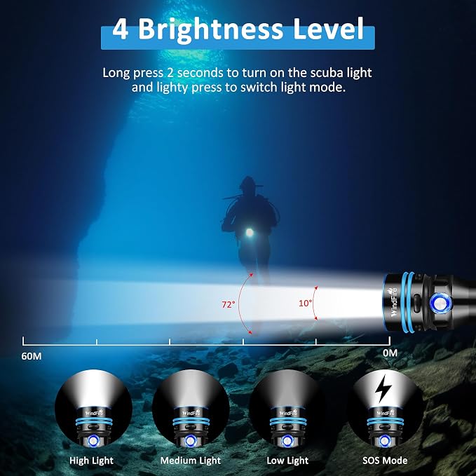 WINDFIRE Scuba Diving Flashlight - Super Bright LED Dive Light, IPX8 Waterproof 50 m Underwater Torch with 4 Modes & Narrow Focus Beam for Night Diving & Snorkeling