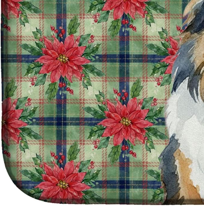 Caroline's Treasures Sable Sheltie Christmas PoinsettIas Dish Drying Mat Absorbent Dish Drying Mat Pad for Kitchen Counter Dish Drainer Mat for Countertop, 14 x 21", Multicolor