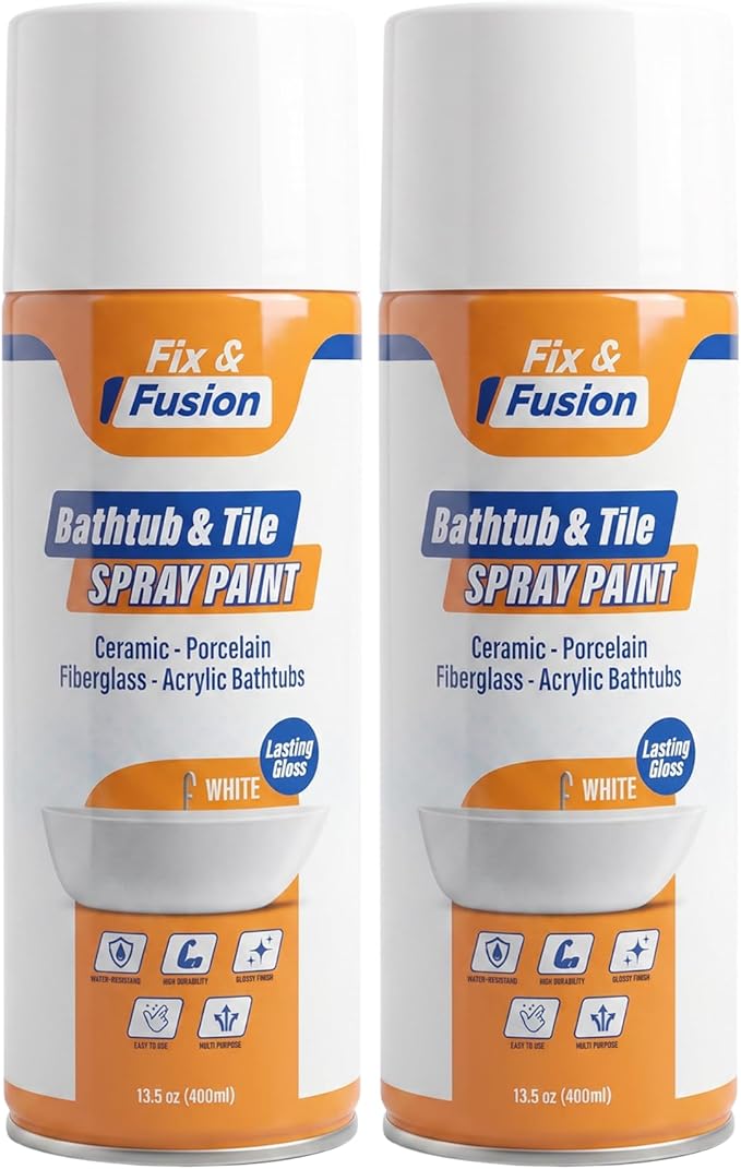 Fix & Fusion Bathtub & Tile Spray Paint, Multi-Surface Coating for Bathroom & Kitchen, High Adhesion, Water-Resistant, for Porcelain, Ceramic, Fiberglass, Countertops & More, White 13.5 oz (Pack of 2)