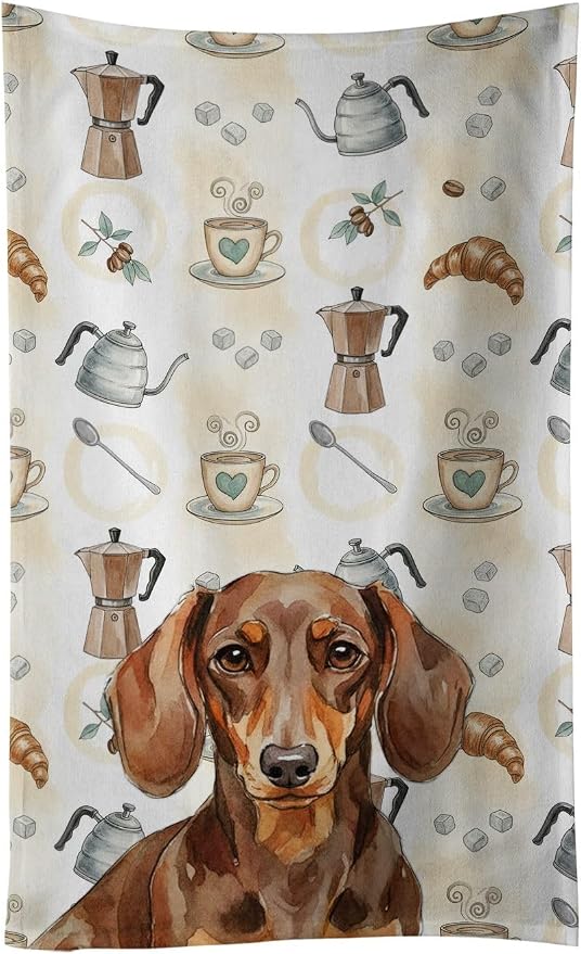 Caroline's Treasures Chocolate and Tan Dachshund Coffee Bar Kitchen Towel Velour Plush Front and Cotton Loop Back Machine Washable