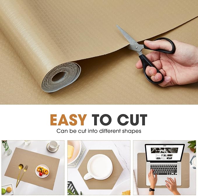 Drawer and Shelf Liner, Non-Slip Kitchen Cabinet Liners Non-Adhesive Thick Strong Grip Waterproof Washable Mats Protect Dresser Shelves Cupboard Bathroom Cabinets, Beige, 18 in X 20 FT