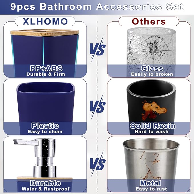 Bathroom Accessories Set, 9 Piece Navy Blue Bathroom Accessory Set with Trash Can,Toothbrush Holder,Toothbrush Cup,Lotion Soap Dispenser,Vanity Tray,Soap Dish,Toilet Brush,Qtip Holder
