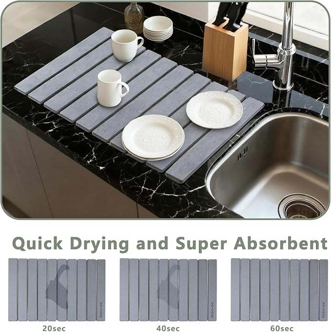 Large Stone Dish Drying Mat for Kitchen Counter, 24"×16" – Quick Drying Diatomaceous Earth, Super Non-Slip, Absorbent, Birthday Gifts for Women Mom Grandma (Light Gray)