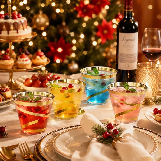 100 Pack 9 OZ Clear Plastic Cups with Gold Rim, Disposable Rimmed Swirl Cocktail Party Cup, Heavy Duty Elegant Wine Glasses, Drinking Tumbler for Weeding Christmas Single Party (Black, Gold)