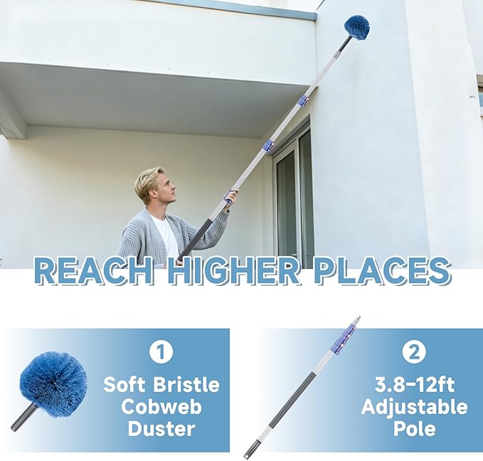 5-12ft Telescoping Durable Duster with Extension Pole – Lightweight Aluminum Cobweb Duster Kit – Extendable to 20ft Reach for Cleaning High Ceilings and Spider Webs