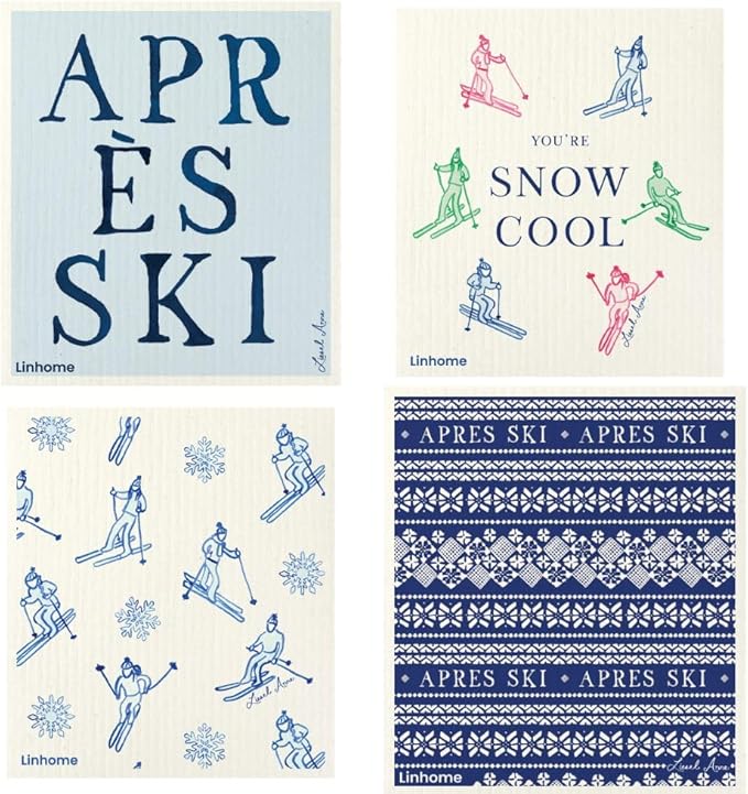 Christmas Holiday Ski Collection Swedish Dishcloth, Reusable Paper Towel, Super Absorbent Cellulose Sponge, Washable Kitchen Cleaning Cloth (Ski Lodge - 4 Pack)