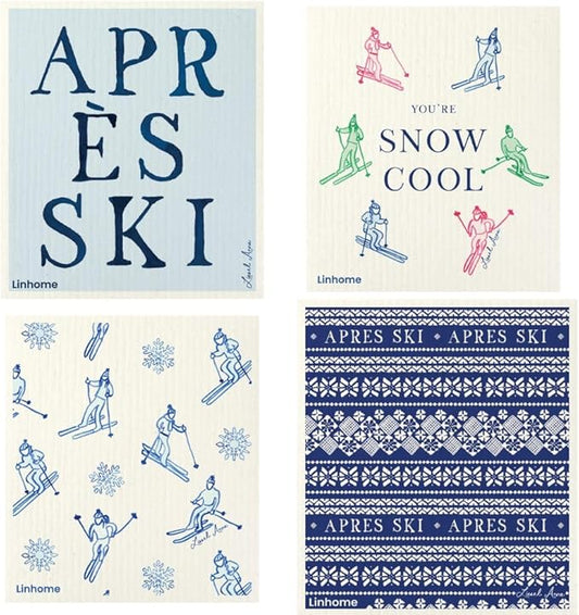 Christmas Holiday Ski Collection Swedish Dishcloth, Reusable Paper Towel, Super Absorbent Cellulose Sponge, Washable Kitchen Cleaning Cloth (Ski Lodge - 4 Pack)