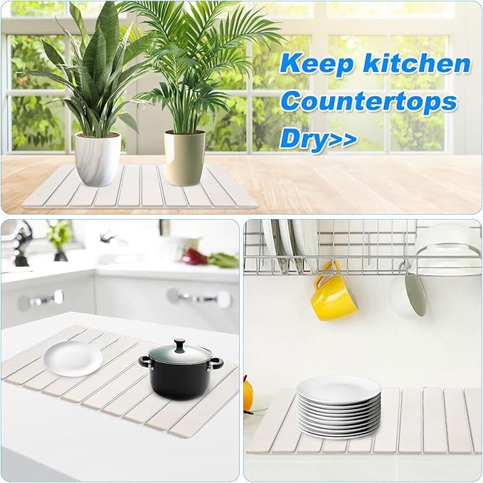 Large Stone Dish Drying Mats for Kitchen Counter, 24"(L)×16"(W) Quick Dry Collapsible Dish Drying Mat, Eco-Friendly Absorbent Diatomaceous Earth Mats for Dishes Bottles Cups, Match Any Countertop