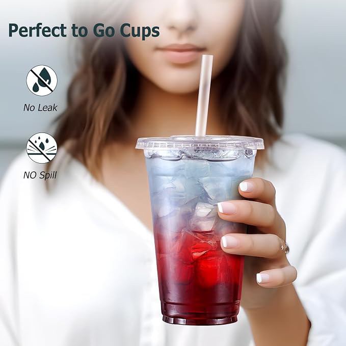 AOZITA [100 Sets 12 oz Clear Plastic Cups With Lids and Straws, Disposable Cups With Lids for Iced Coffee, Smoothie, Milkshake and Cold Drinks.