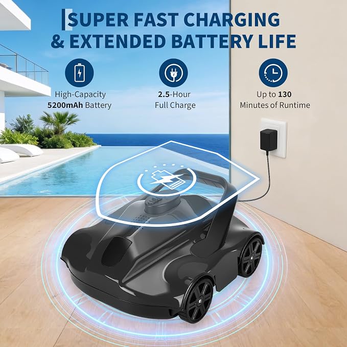 GarveeTech Robotic Pool Cleaners Cordless Robotic Pool Cleaner for Above Ground Pools - 130 Min Runtime, Self-Charging, Cleans Up to 860 Sq Ft, Lightweight & Portable Design