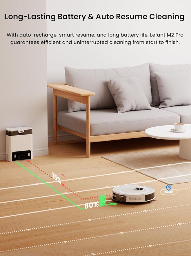 Lefant LiDAR Robot Vacuum and Mop, 90-Day Self-Emptying, 190° PSD Obstacle Avoidance, Customized Cleaning, Multi-Floor Mapping, 6000Pa Strong Suction, 140 Min Runtime, WiFi/Alexa/APP/iWatch, M2 Pro