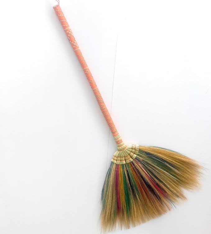 Natural Grass Broom Thai Vintage Retro Handmade Broom, Housewarming Gift, Witch Broom, Thai Broom, Broomstick, Bamboo Stick Embroidered Nylon Handle, Kong Grass Broom, Thick Broomstick