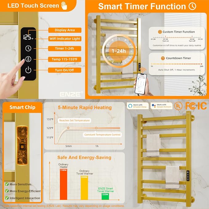 ENZE Smart Heated Towel Rack, 9-Bar Wall-Mounted Electric Towel Warmer 230W, Wi-Fi App Control & LED Touch Screen, Adjustable Temperature & 24H Timer, IPX5, Plug-in/Hardwired, Gold, Low Carbon Steel