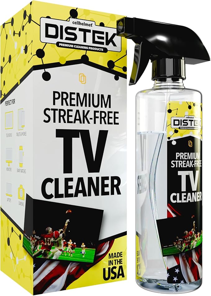 Distek TV Cleaner Spray 473 mL with Large Microfiber Cloth | Made in The USA | Easy Streak-Free Application | Safe for Flat Panel & LCD Displays, Glass Screens, Tablets, Monitors, & iPhones