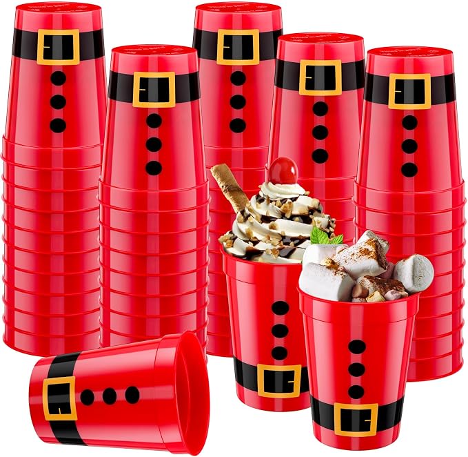 Uiifan 50 Pack Christmas Cups Santa Plastic Cups for Party 12 oz Reusable Stadium Beverage Drinking Tumblers Santa's Belt Plastic Hard for Holiday Festive Party Supplies Decorations(Red)