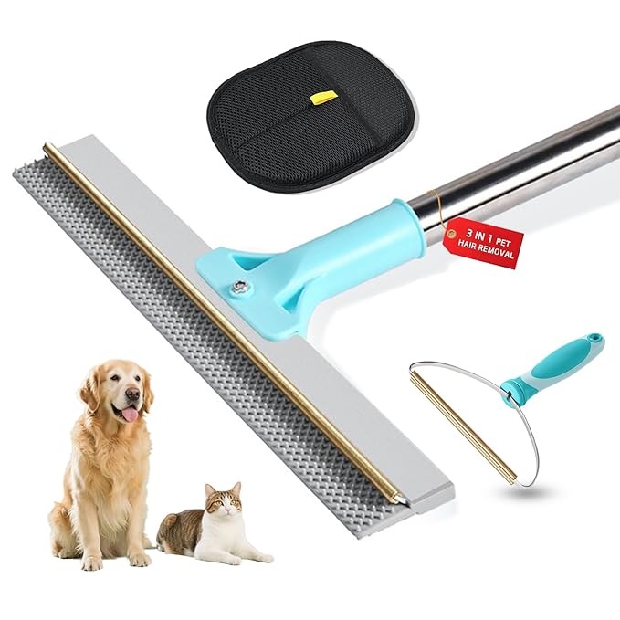 Pet Hair Remover for Carpet, Carpet Rake for Pet Hair Removal with 54" Adjustable Handle, Reusable Dog Hair Remover Broom with Copper Teeth & TPU Brush for Rugs, Couch, Mats and Pet Beds