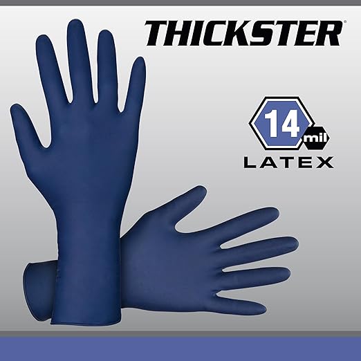 Thickster Powdered Latex Disposable Gloves. Size Medium. Blue Color, 14 mil Thickness, 12" Length. Fully Textured for Superior Grip. Single Use. Pack of 50. (6602)