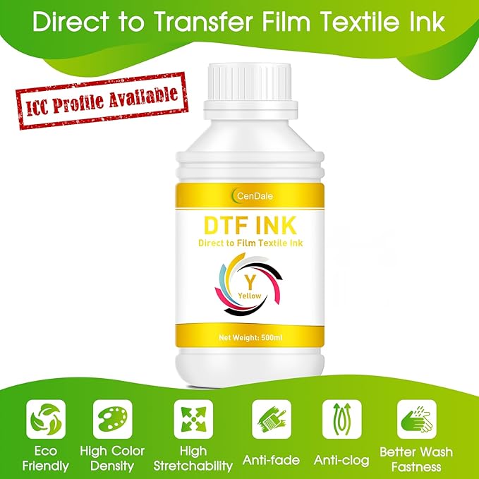 CenDale Premium DTF Yellow Ink - 500ML DTF Transfer Ink for PET Film, Refill DTF Ink Yellow for Epson ET-8550, L1800, L800, R2400, R1390, P400, P800, XP15000, Heat Transfer Printing Direct to Film