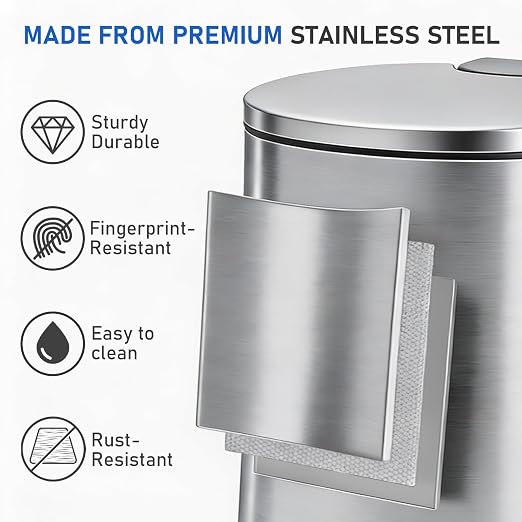 SIMPLYKLEEN Bathroom Trash Can with Lid - 4PC 1.3 Gallon/5L Oval Small Trash Can with Soft-Close Lid, Foot Pedal, Brushed Stainless Steel, Removable Liner, Garbage can for Kitchen, Office, Home Silver