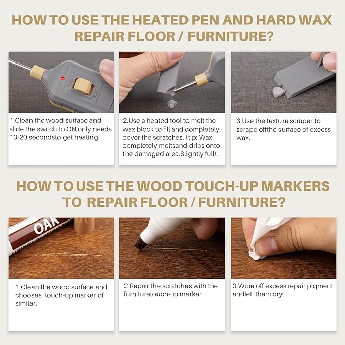 Laminate Floor Repair Kit, Floor Repair Kit with Heat Pen, 11 Colors Wax Blocks and 8 Colors Furniture Touch Up Markers, Vinyl Floor Repair Kit Restoration for Cracks, Dents, Holes, Scratches