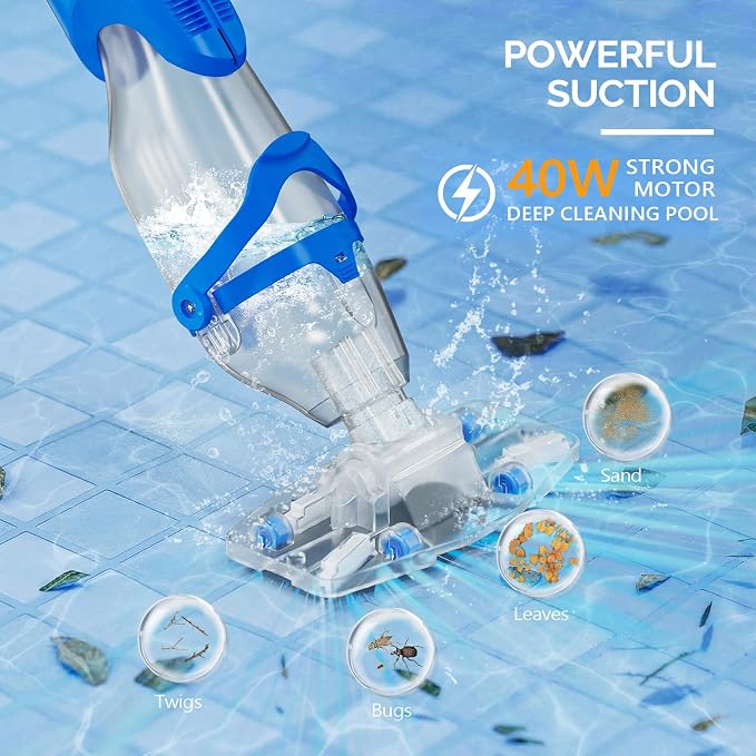 VINGLI Pool Vacuum for Above Ground Pools, 40W 18.5GPM Suction, 60 Mins Runtime, 1.5H Fast Charging, 29.3-71inch Telescopic Pole, Ideal for Leaves & Debris Deep Cleaning