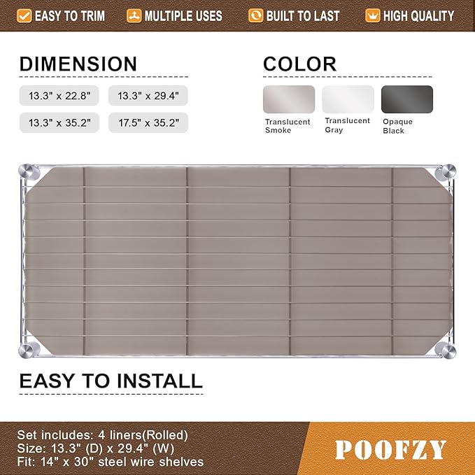 Poofzy Wire Shelf Liner 14" X 36", Non-Adhesive Plastic Shelf Liners for Wire Shelving, Waterproof Protector Mats (4PK, Gray)