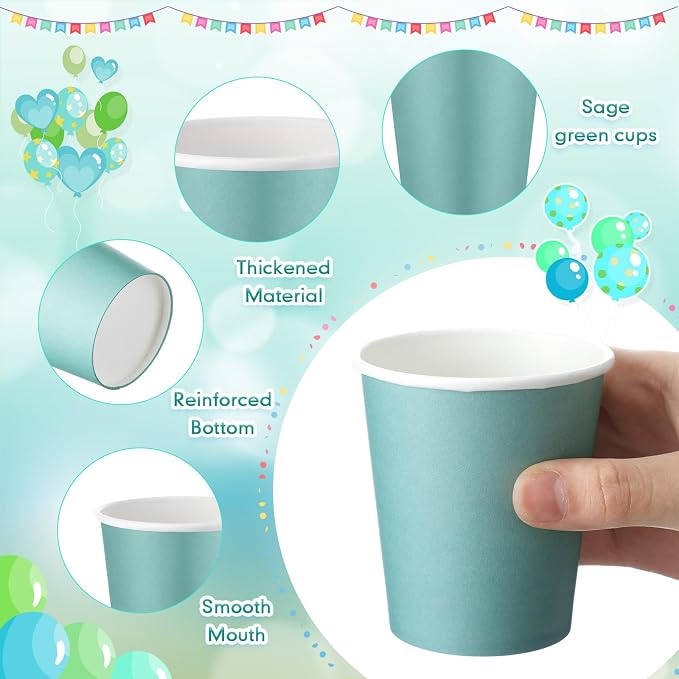 100 Pcs Sage Green Paper Cups 7 oz Disposable Party Cups Bulk for Birthday Rainbow Party Supplies DIY and Holiday Hot Cold Beverage