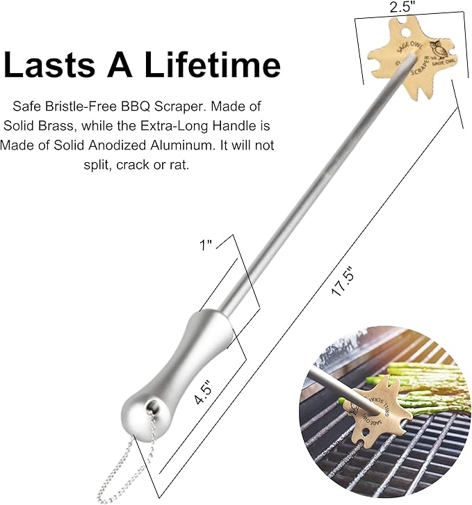 Sage Owl Bristle-Free Brass BBQ Grill Scraper with 17.5” Handle – Safe Grill Cleaner for Outdoor Grills, Porcelain, Cooking Gadgets, Barbecue Grilling Tools and Accessories - Gifts for Boyfriend